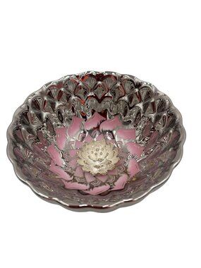 Decorative Silver Bowl Gold Base Coin Accent Floral Pattern UV Reactive Glow